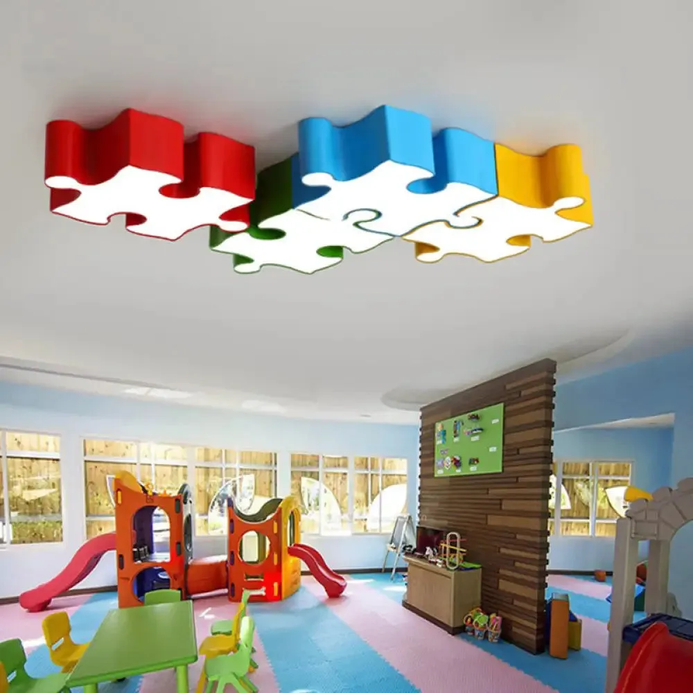 Kids Style Jigsaw Puzzles Ceiling Flush Light - Acrylic LED Flushmount in Red/Yellow & White