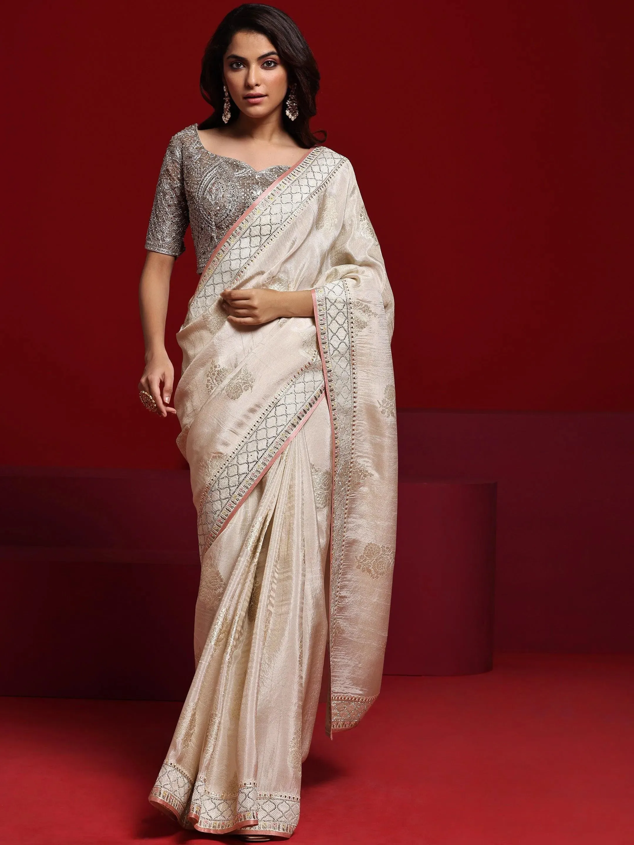 Libas Art Beige Woven Design Silk Blend Saree With Unstitched Blouse Piece