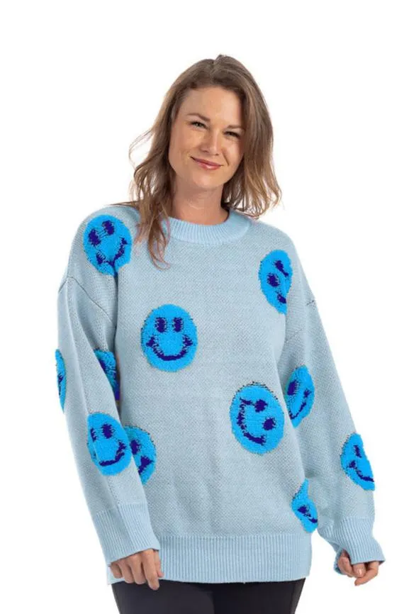 Light Blue Knit Happy Face Sweater