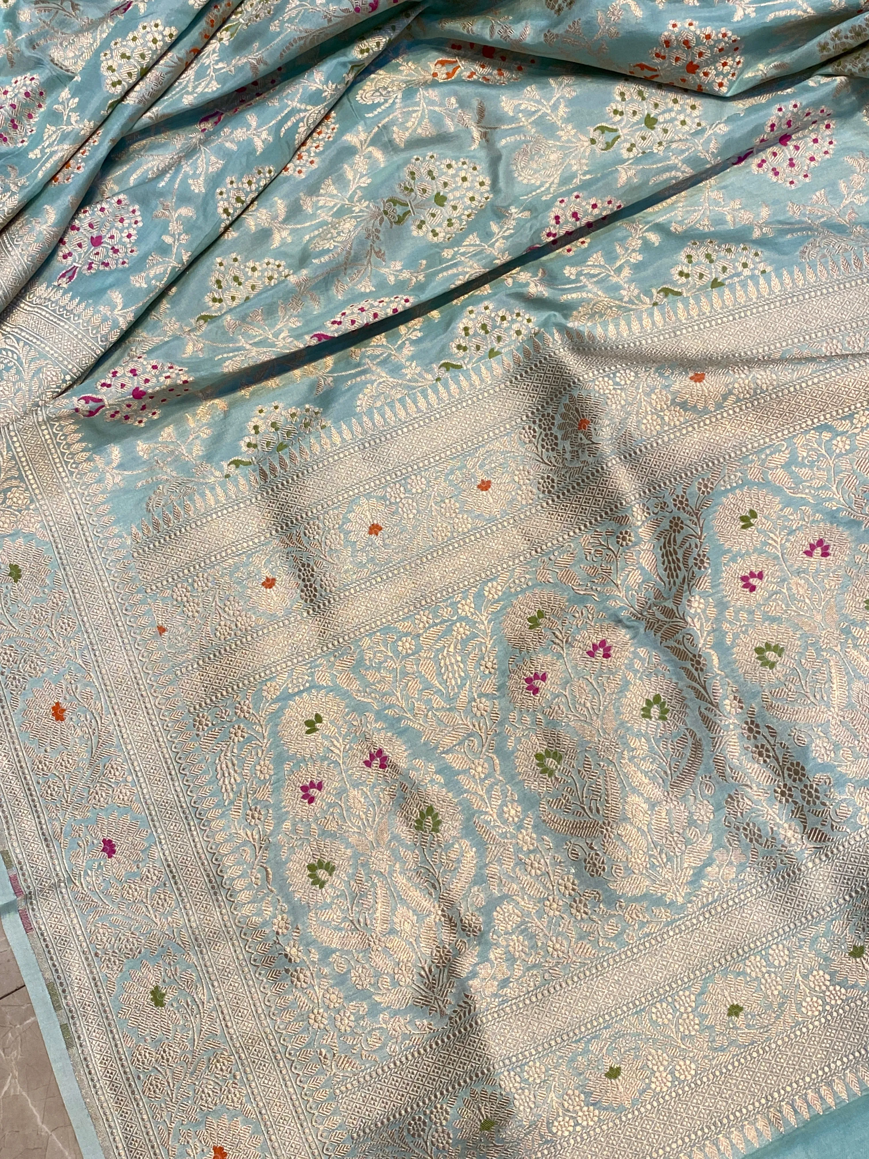 Light Blue Pure Silk Banarasi Saree with Handwoven Jaal Work