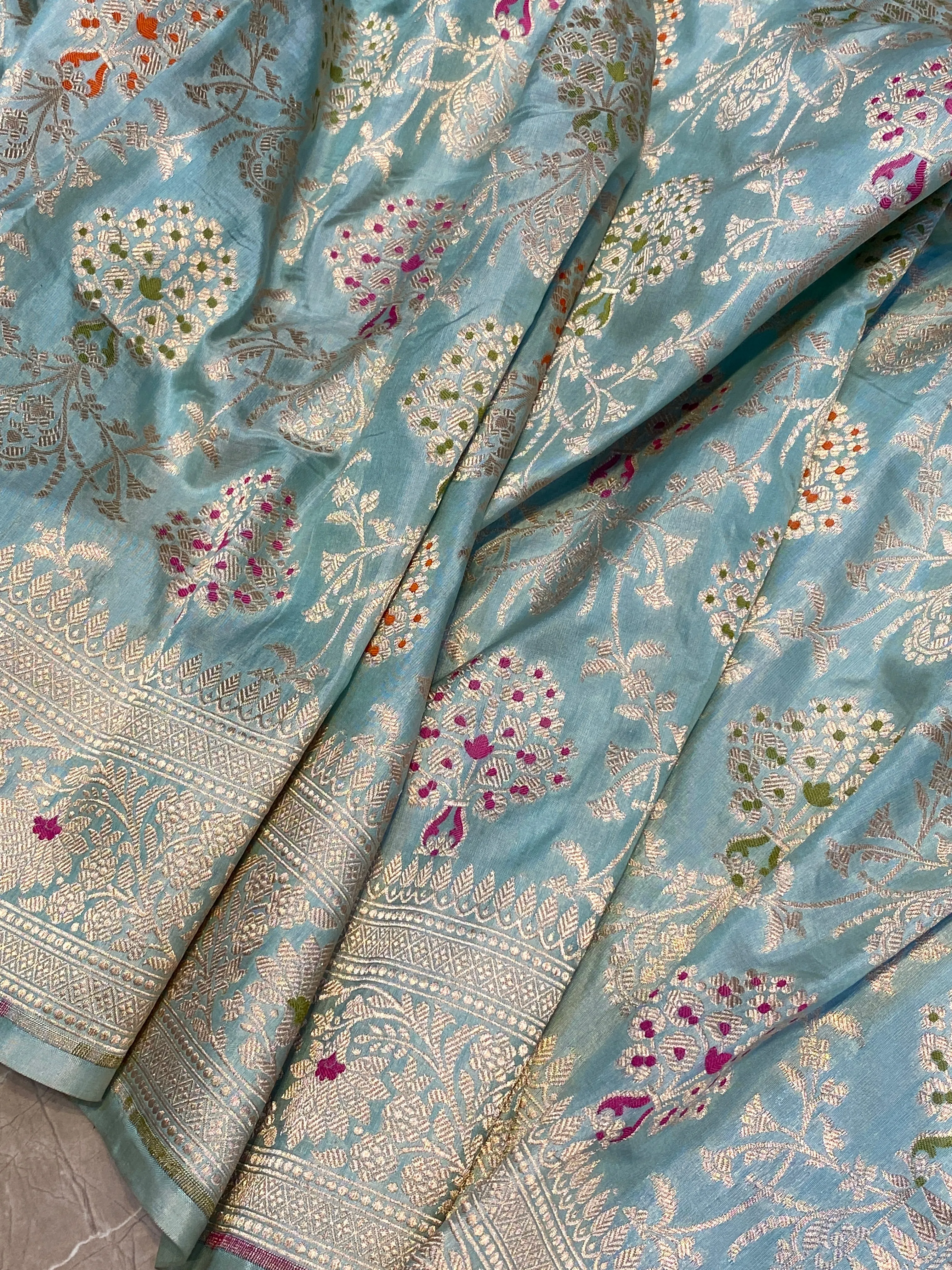 Light Blue Pure Silk Banarasi Saree with Handwoven Jaal Work