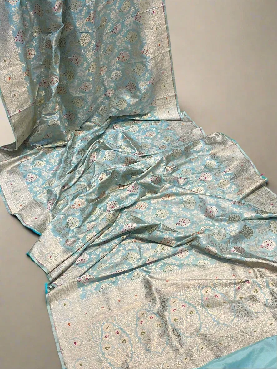 Light Blue Pure Silk Banarasi Saree with Handwoven Jaal Work