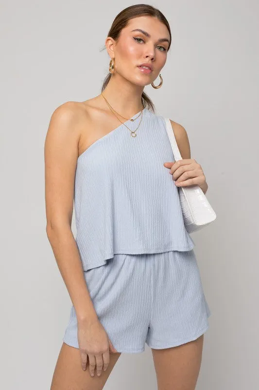 Light Blue Sleeveless One Shoulder Layered Top Romper