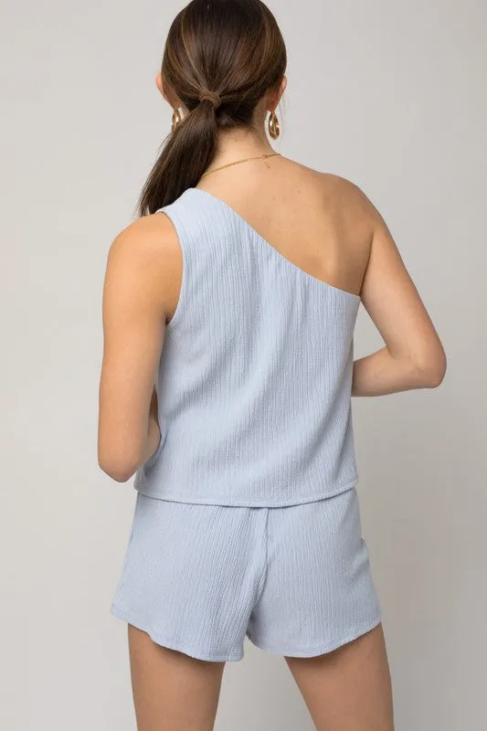 Light Blue Sleeveless One Shoulder Layered Top Romper