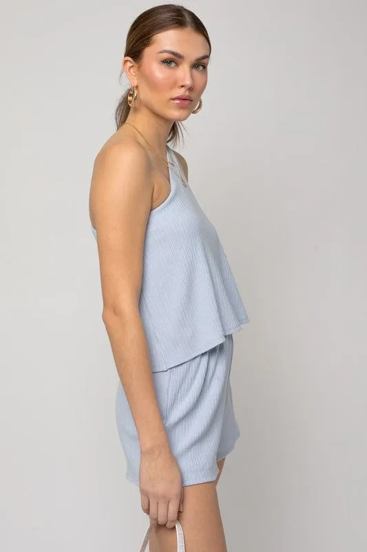 Light Blue Sleeveless One Shoulder Layered Top Romper