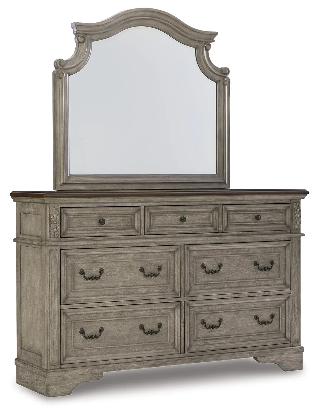 Lodenbay California King Panel Bed with Mirrored Dresser and 2 Nightstands in Antique Gray