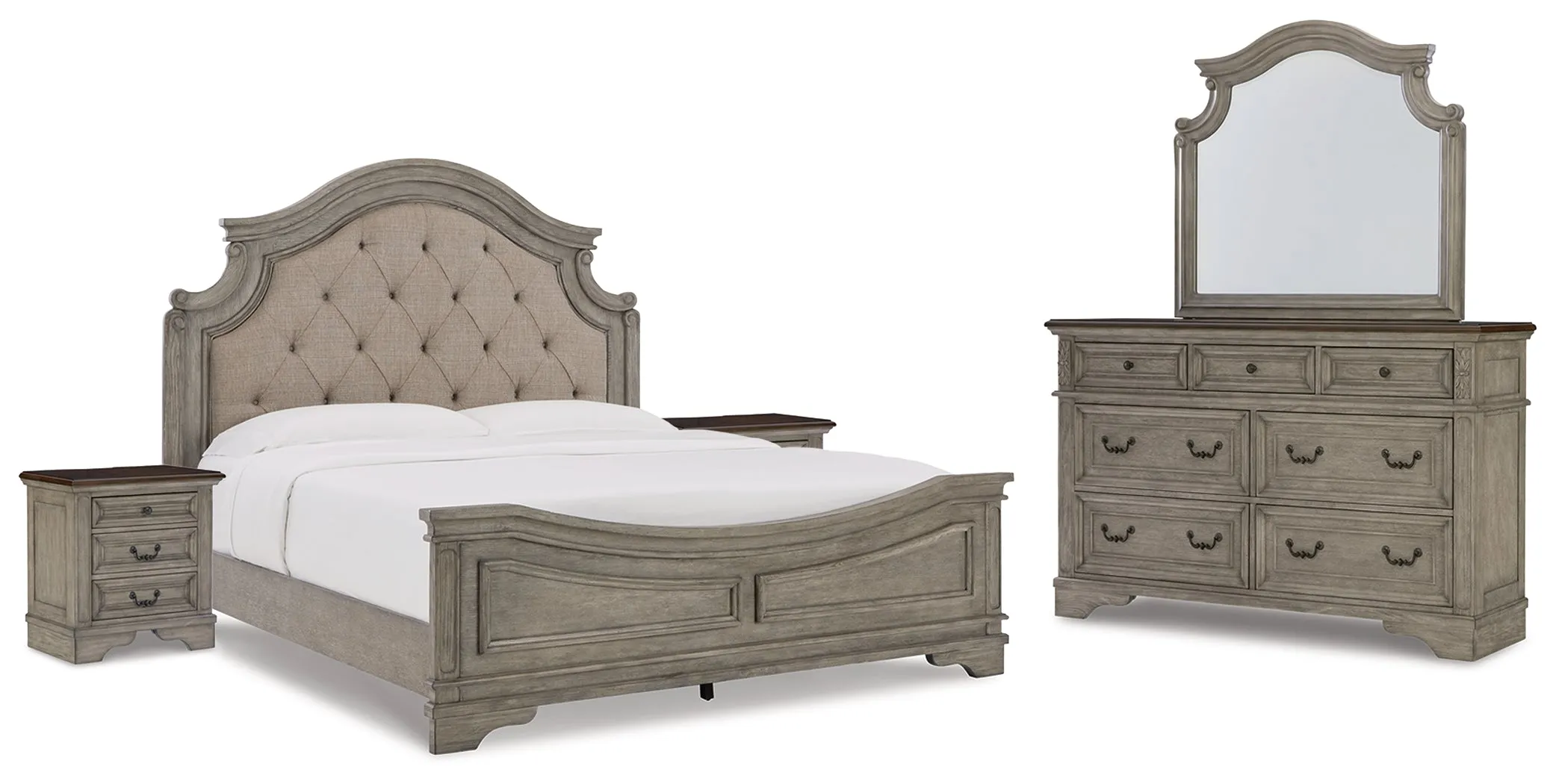 Lodenbay California King Panel Bed with Mirrored Dresser and 2 Nightstands in Antique Gray