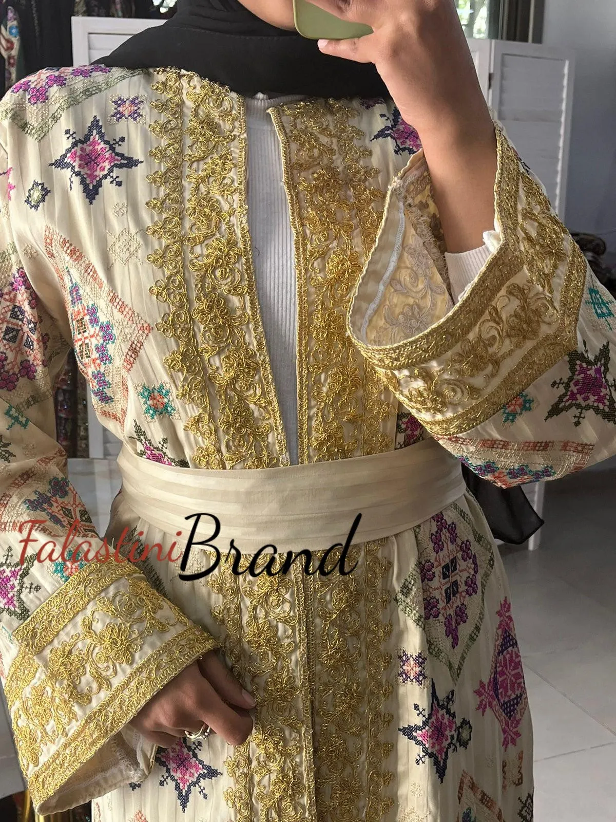 Luxurious Beige Diamond Embroidered Abaya with Golden Thread Details