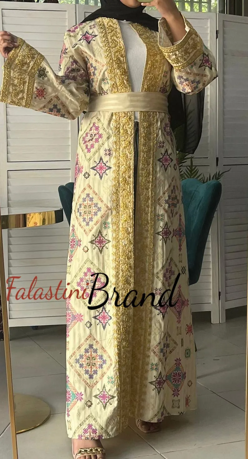 Luxurious Beige Diamond Embroidered Abaya with Golden Thread Details