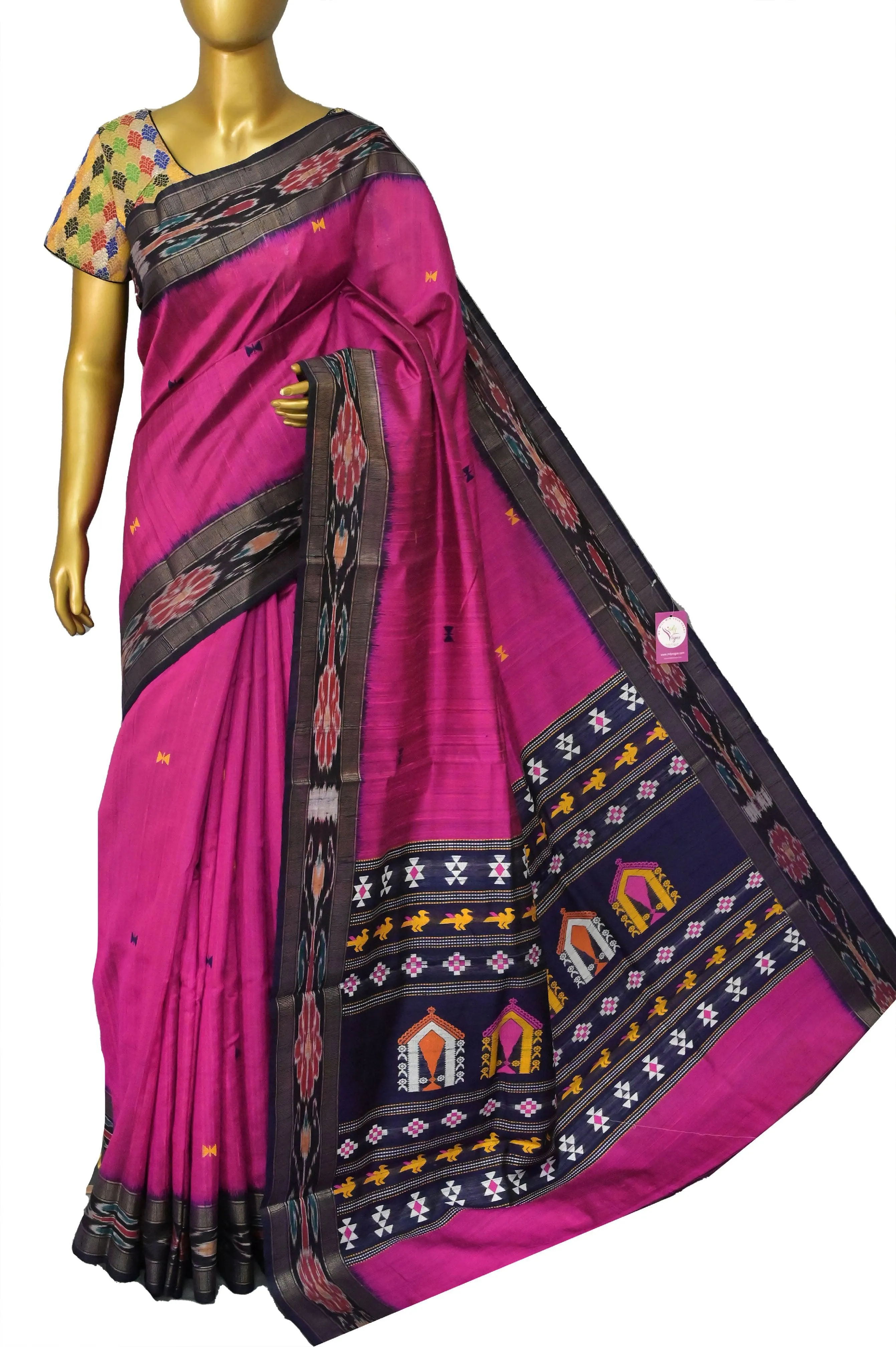 Magenta and Navy Blue Color Raw Silk Saree with Sambalpuri Border and Dolabedi Pallu