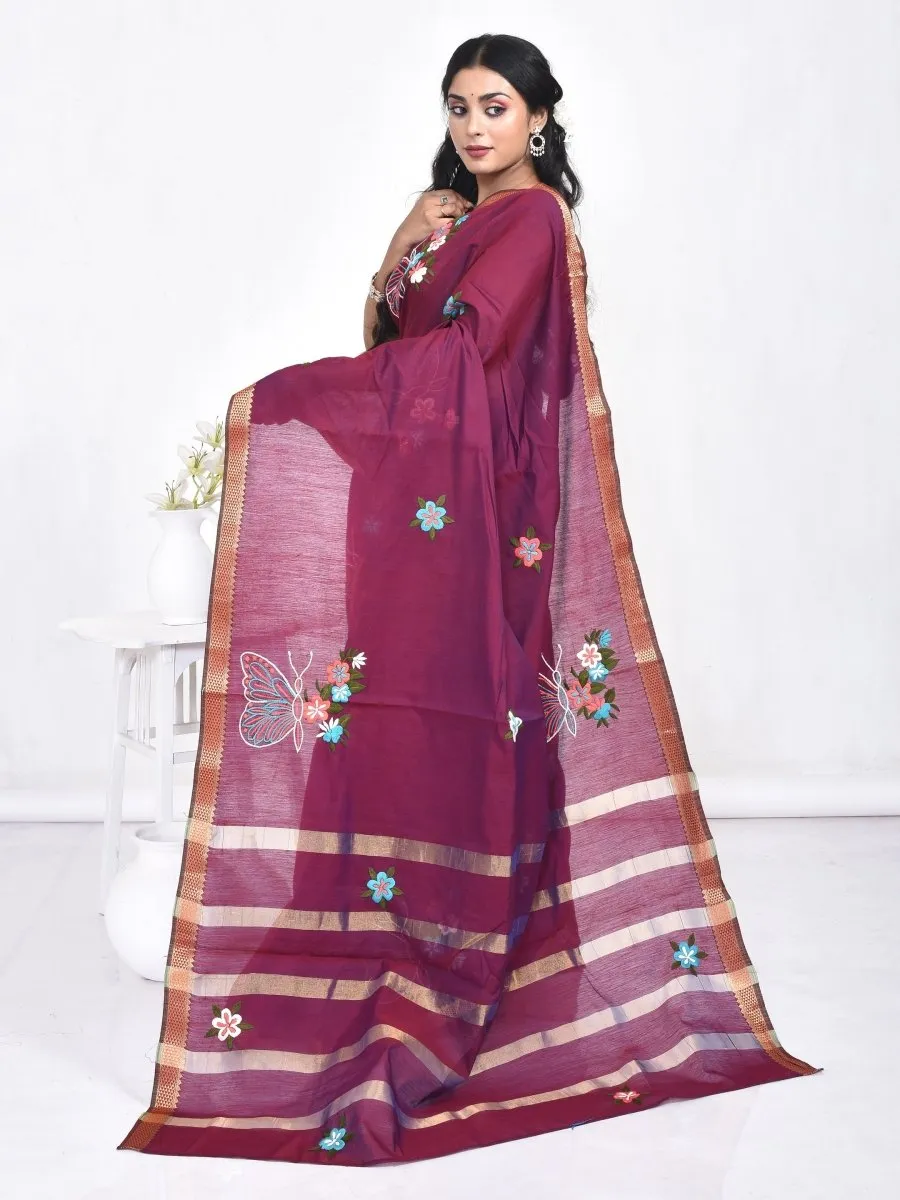 Maroon South Cotton Saree with Butterfly Design Hand Embroidery and Zari Border