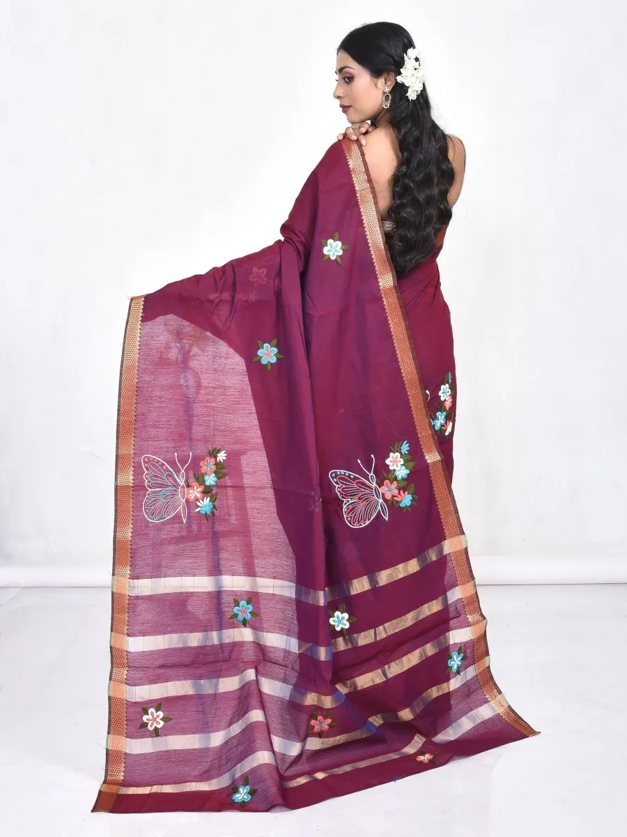 Maroon South Cotton Saree with Butterfly Design Hand Embroidery and Zari Border