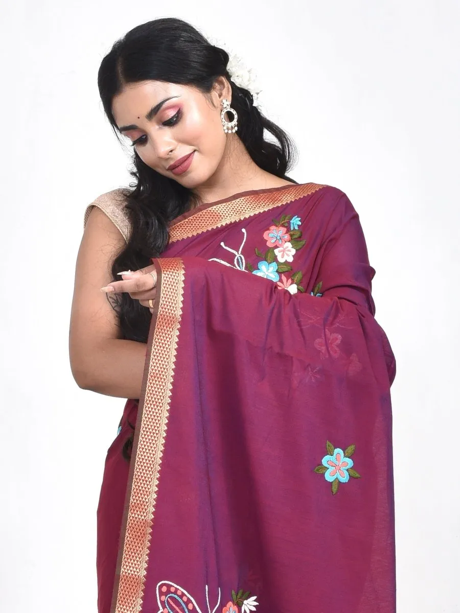 Maroon South Cotton Saree with Butterfly Design Hand Embroidery and Zari Border