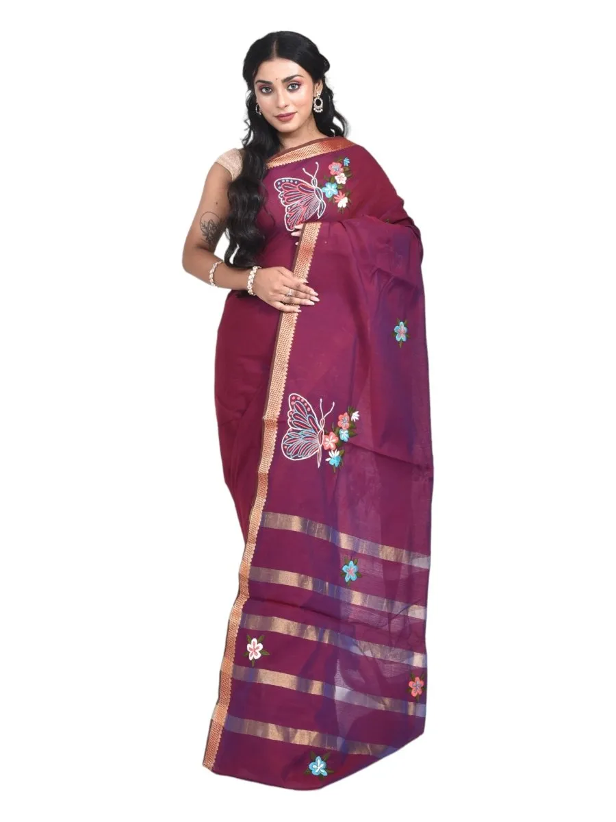 Maroon South Cotton Saree with Butterfly Design Hand Embroidery and Zari Border