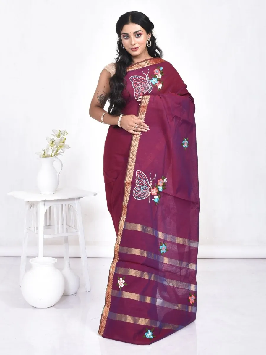 Maroon South Cotton Saree with Butterfly Design Hand Embroidery and Zari Border