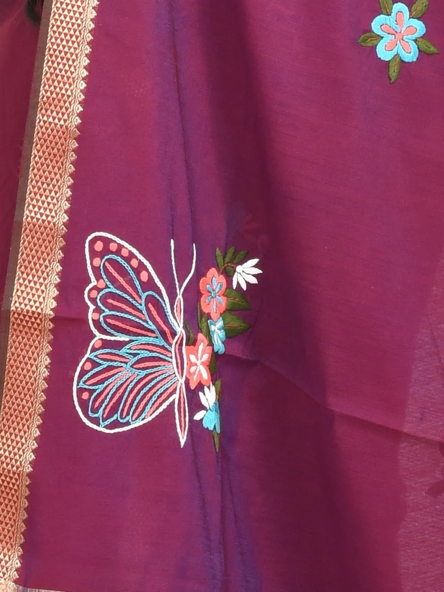 Maroon South Cotton Saree with Butterfly Design Hand Embroidery and Zari Border