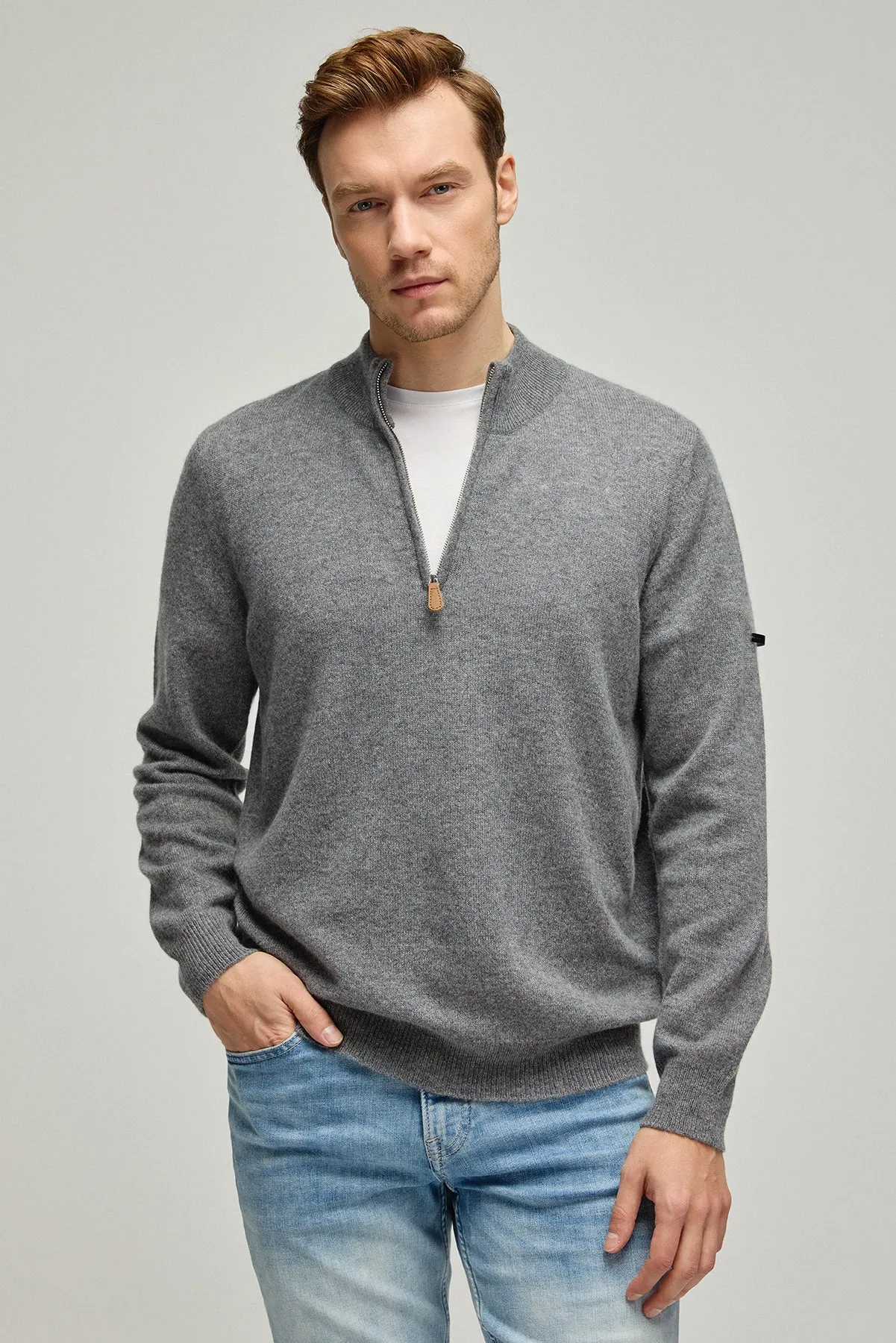 Medium Gray Melange Pure Cashmere High Collar Zipper Men's Sweater