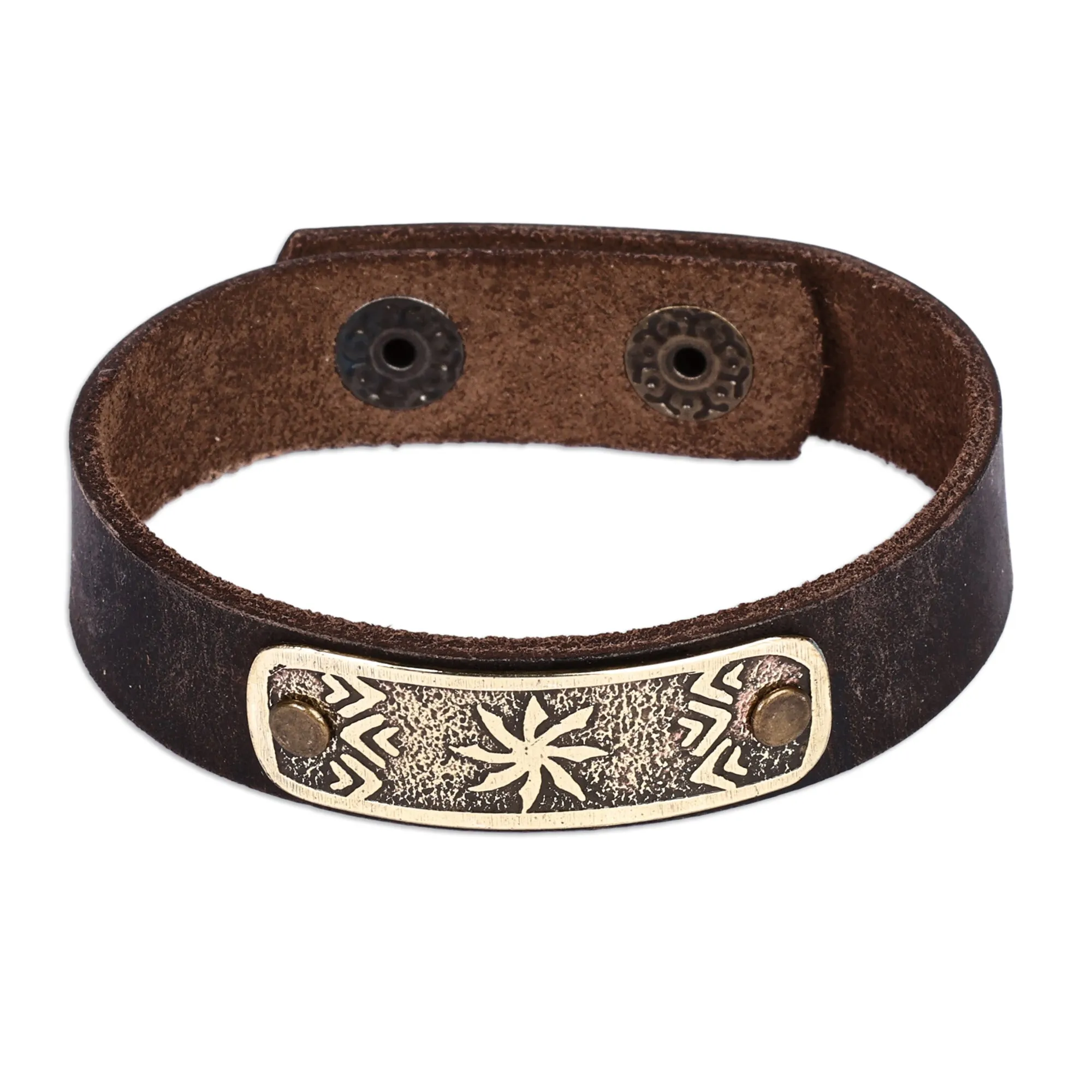 Men's Leather Bracelet with Sun-Themed Brass Pendant - Infinite Harmony | NOVICA