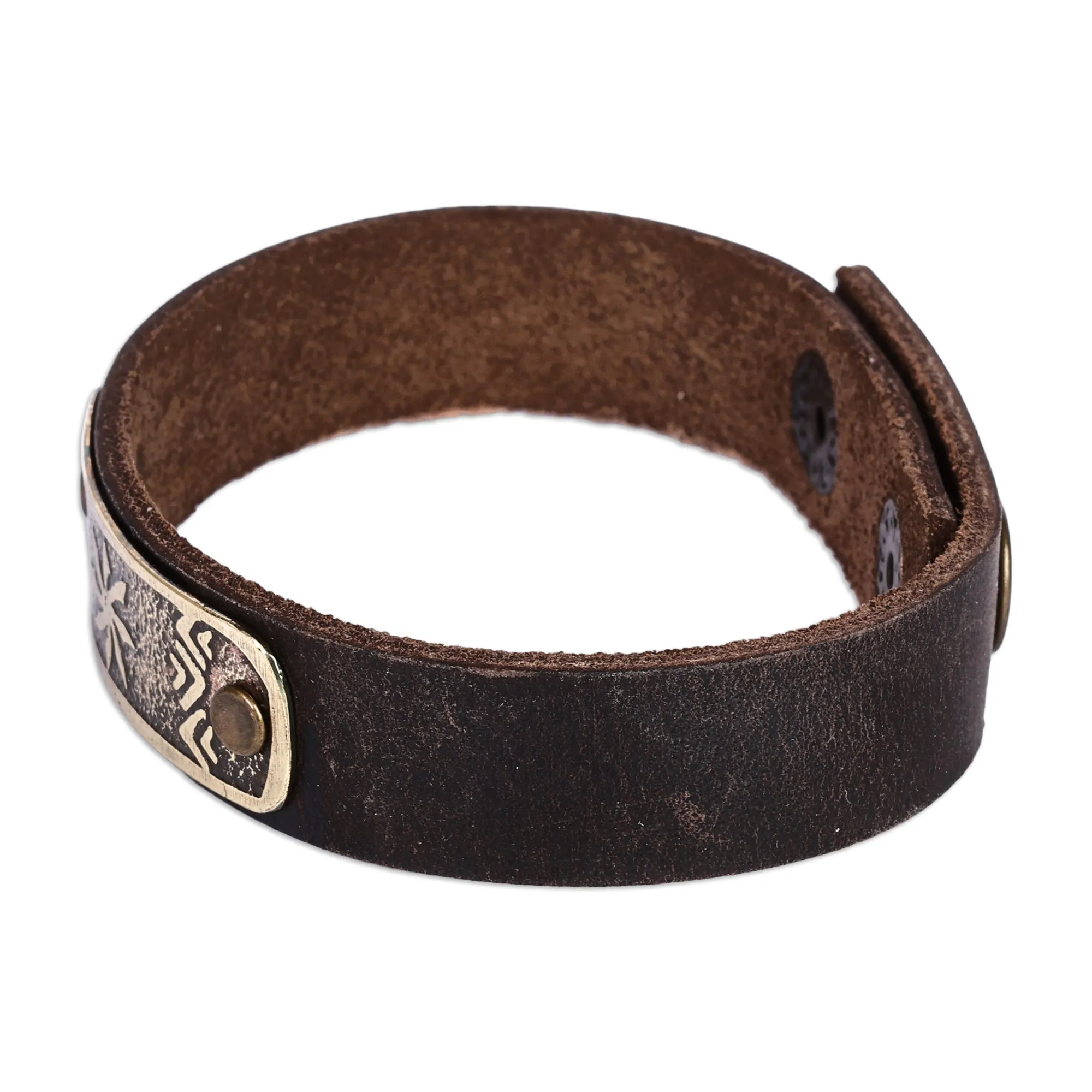 Men's Leather Bracelet with Sun-Themed Brass Pendant - Infinite Harmony | NOVICA