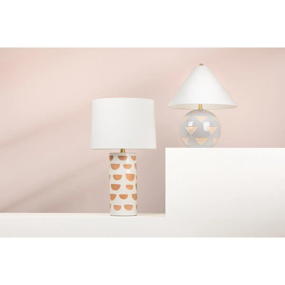 Minnie Tall Table Lamp Ceramic White Geometric Pattern with Aged Brass Accents