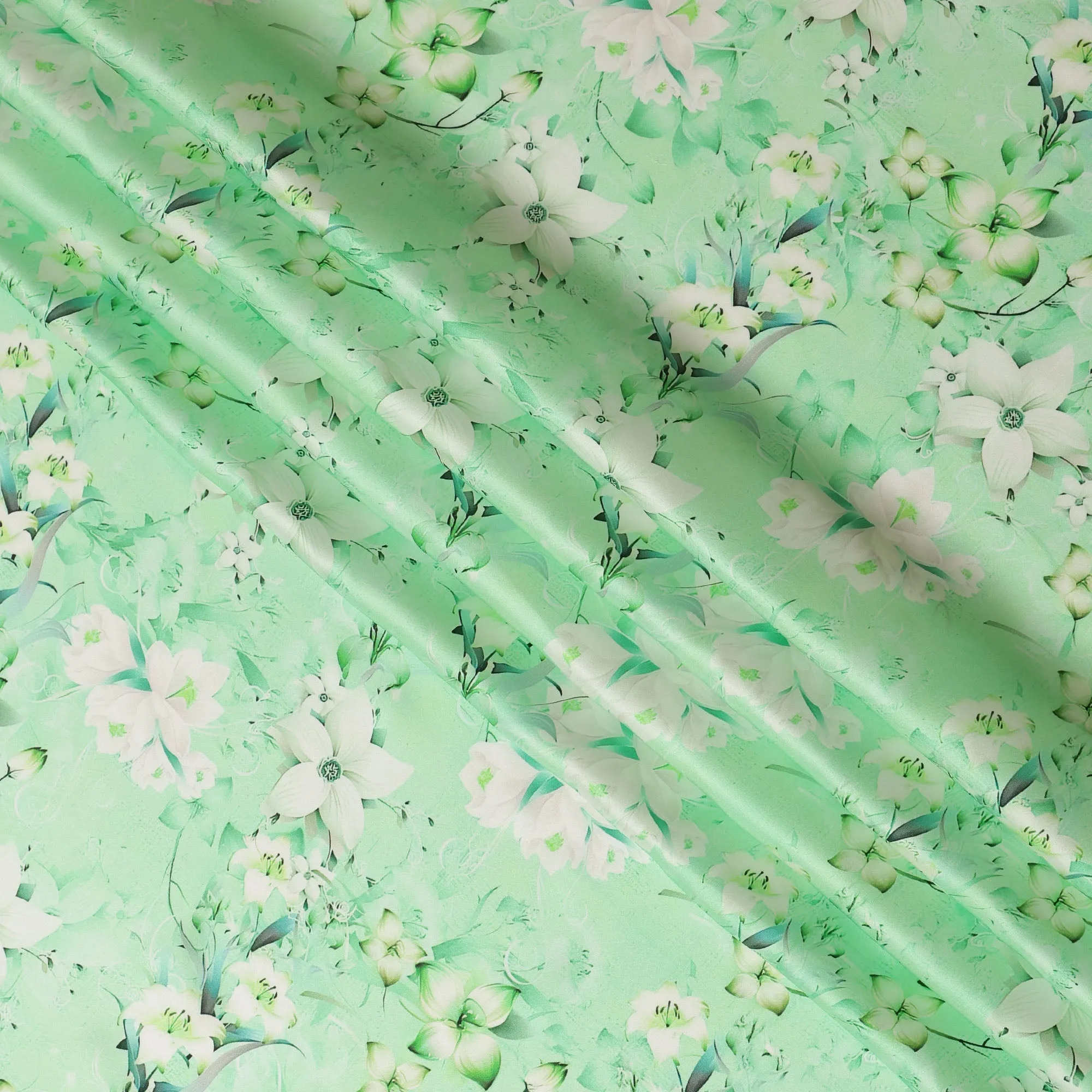 Mint Green Floral Pure Silk Satin Fabric - 140 cm Width, Made in Italy-D20735