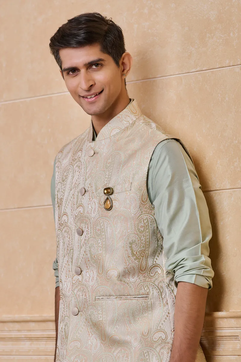 Multi-coloured Classic Brocade Kurta Bundi Set