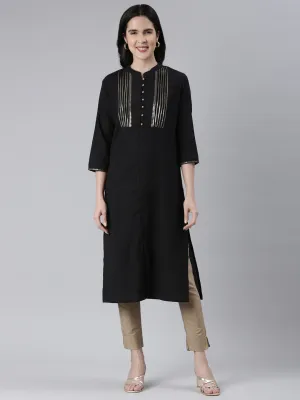 Neeru's Black Straight Solid Cotton Kurtas