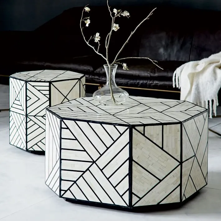 Nola Geometric Bone Inlay Coffee Table | Bone Inlay Round Coffee Table