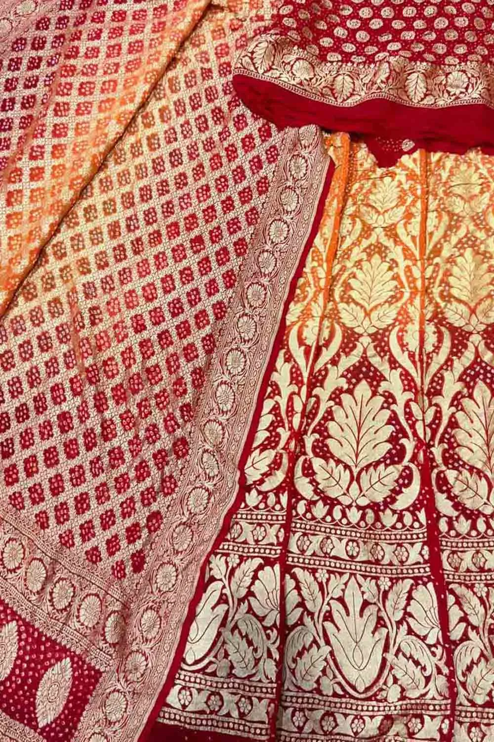 Orange & Red Banarasi Bandhani Georgette Lehenga