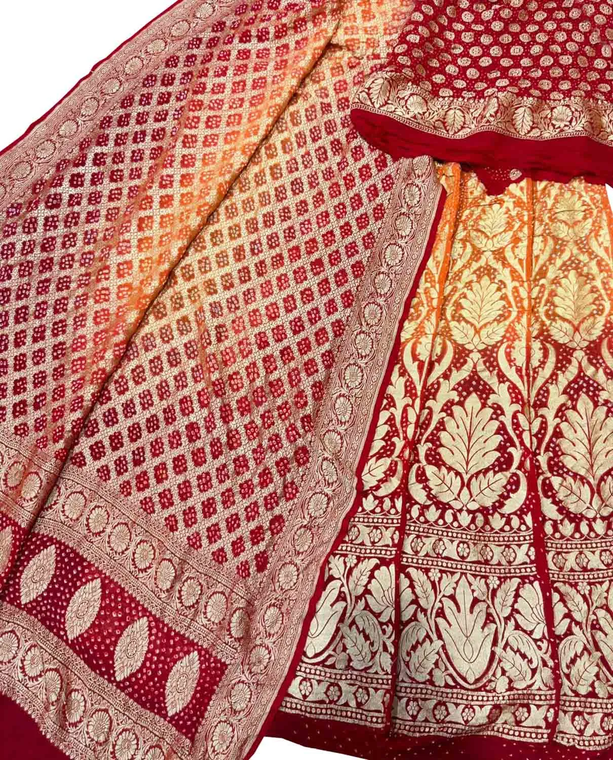 Orange & Red Banarasi Bandhani Georgette Lehenga