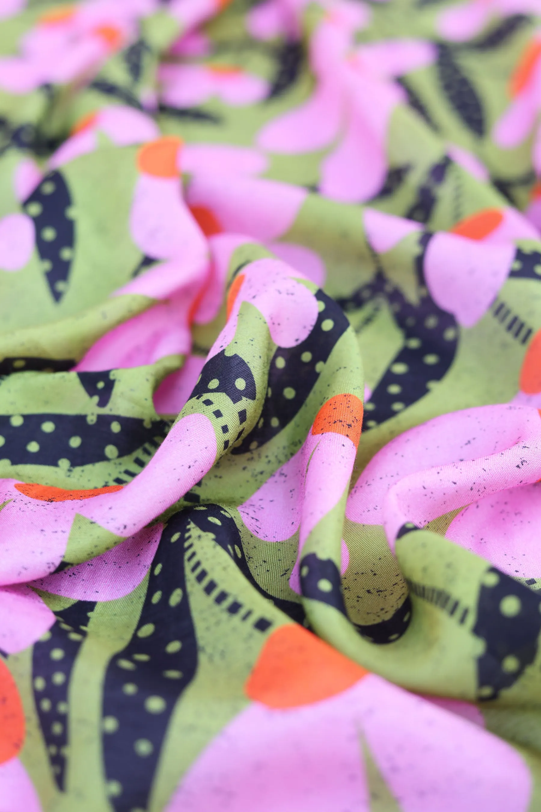 Orange Pink All Over Floral Pattern Printed Natural Muslin Silk Fabric