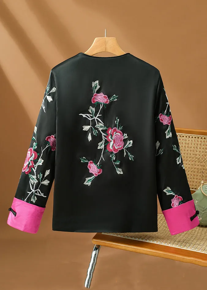 Original Design Black Embroidered Button Silk Coats Fall QG022