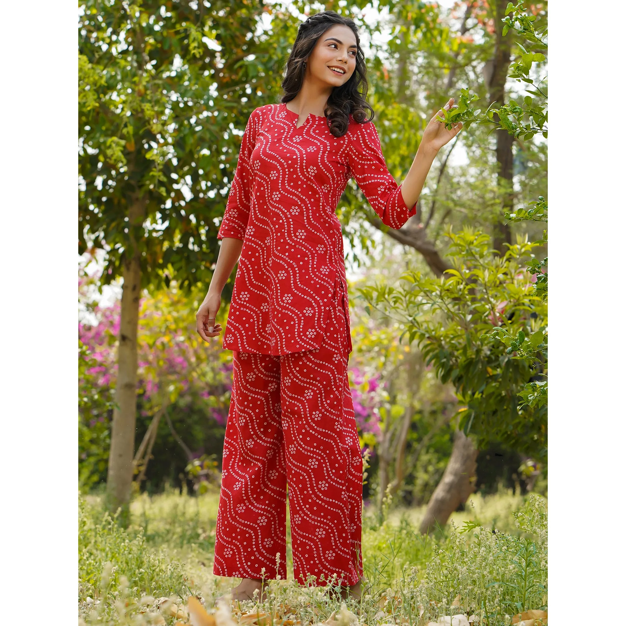 Patterned Bandhej on Red Loungewear Top Set