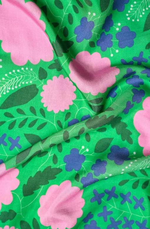 Pink Big Flower Pattern With Green Background Natural Muslin Silk Fabric