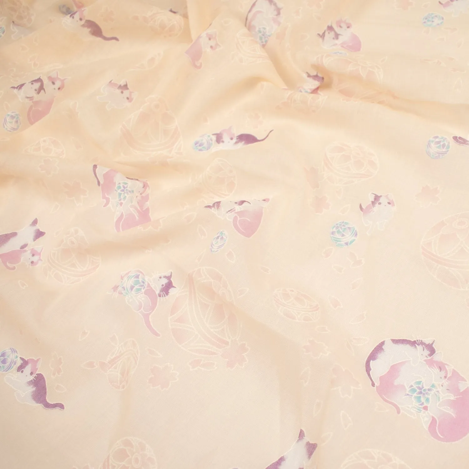 Printed Cotton Voile Design-34 Pink Cats Play Flower Balls on Cream