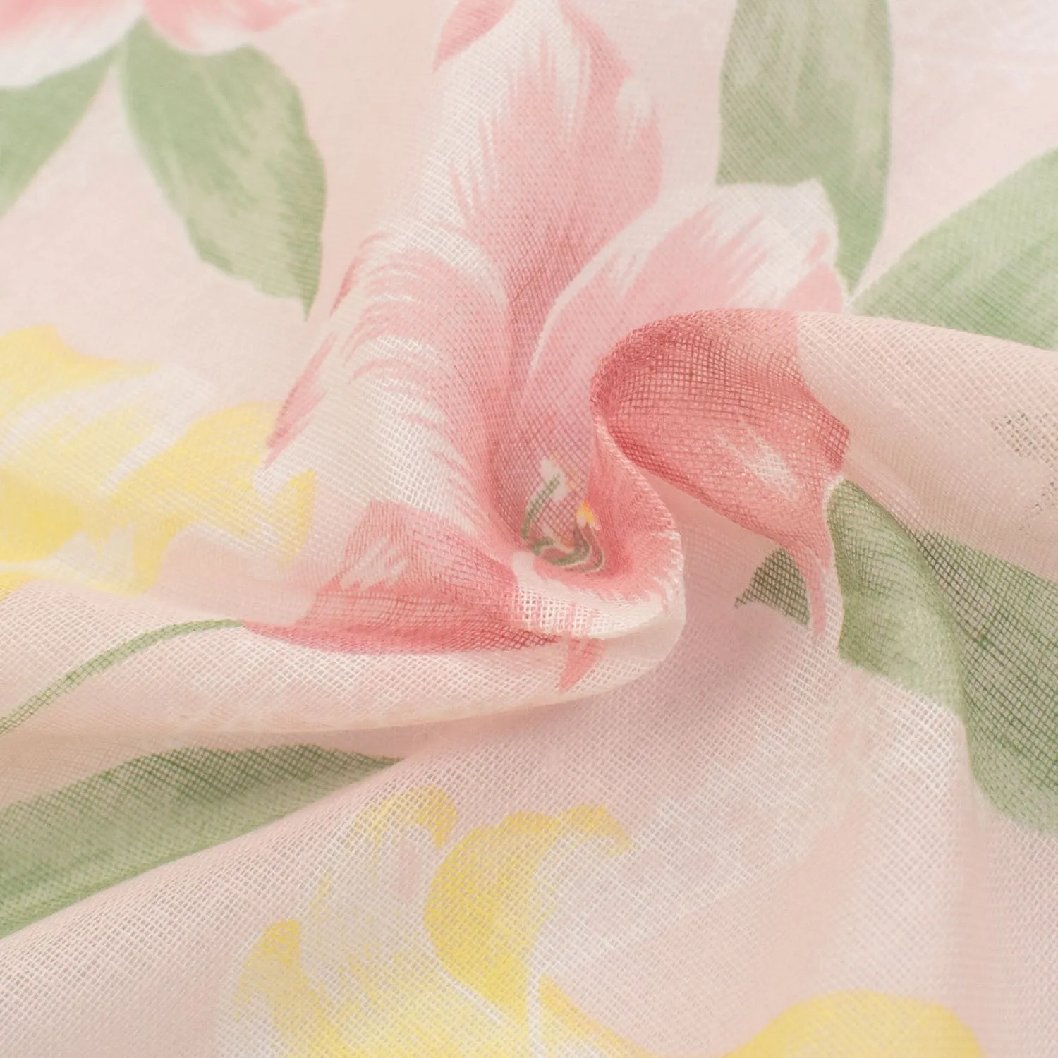 Printed Cotton Voile Design-58 Pink & Yellow Lily Flower on Baby Pink