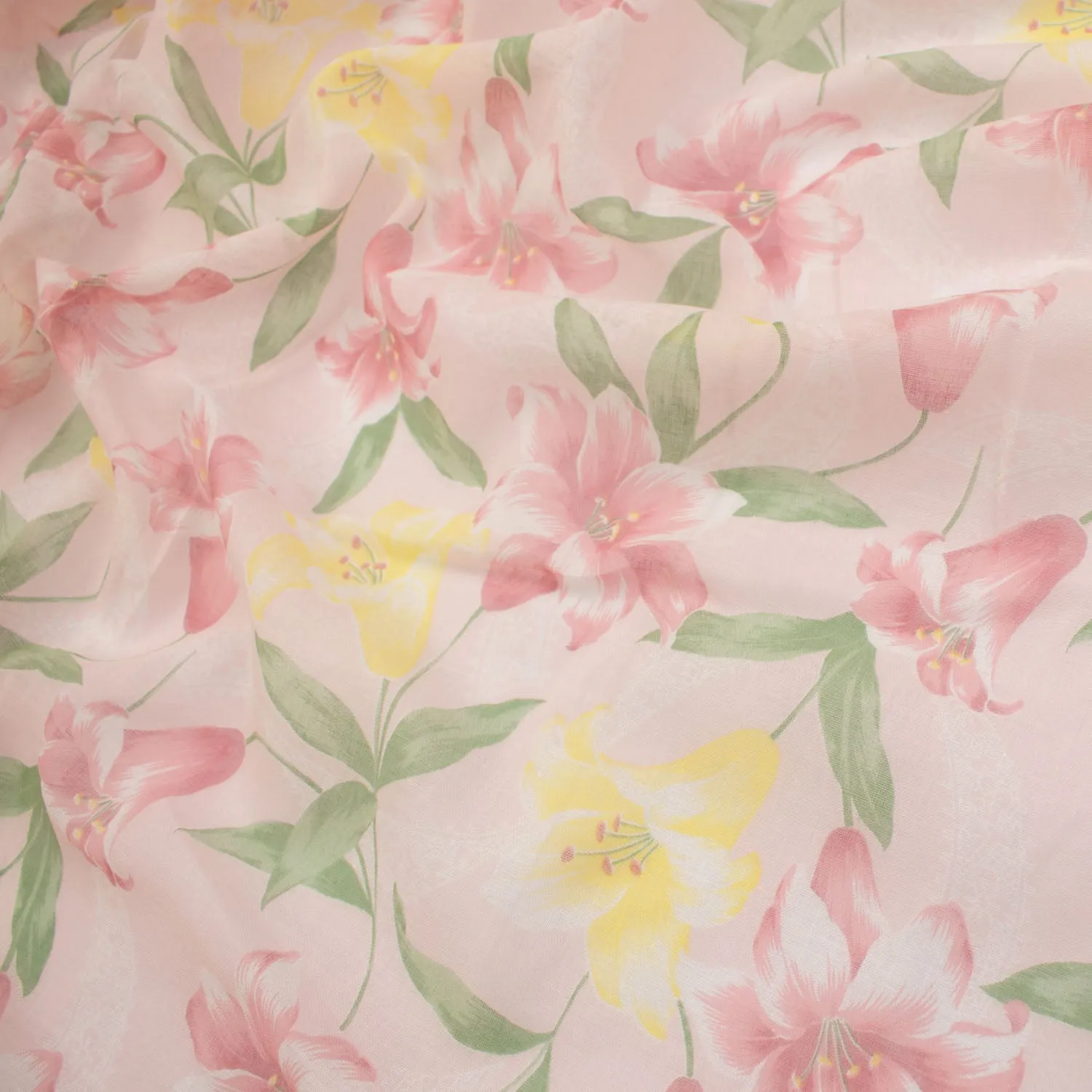 Printed Cotton Voile Design-58 Pink & Yellow Lily Flower on Baby Pink