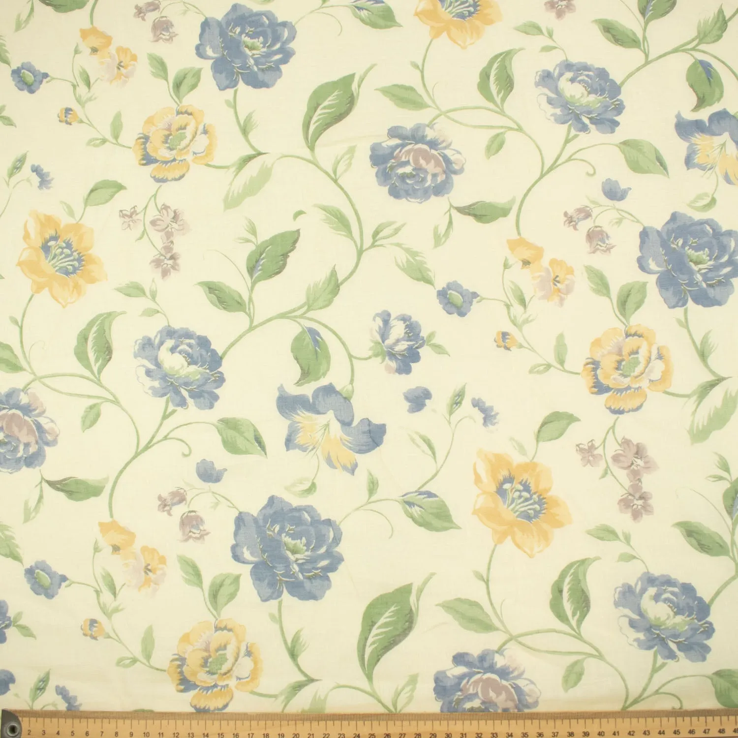 Printed Cotton Voile Design-D4 Blue & Yellow Flowers on Pale Yellow