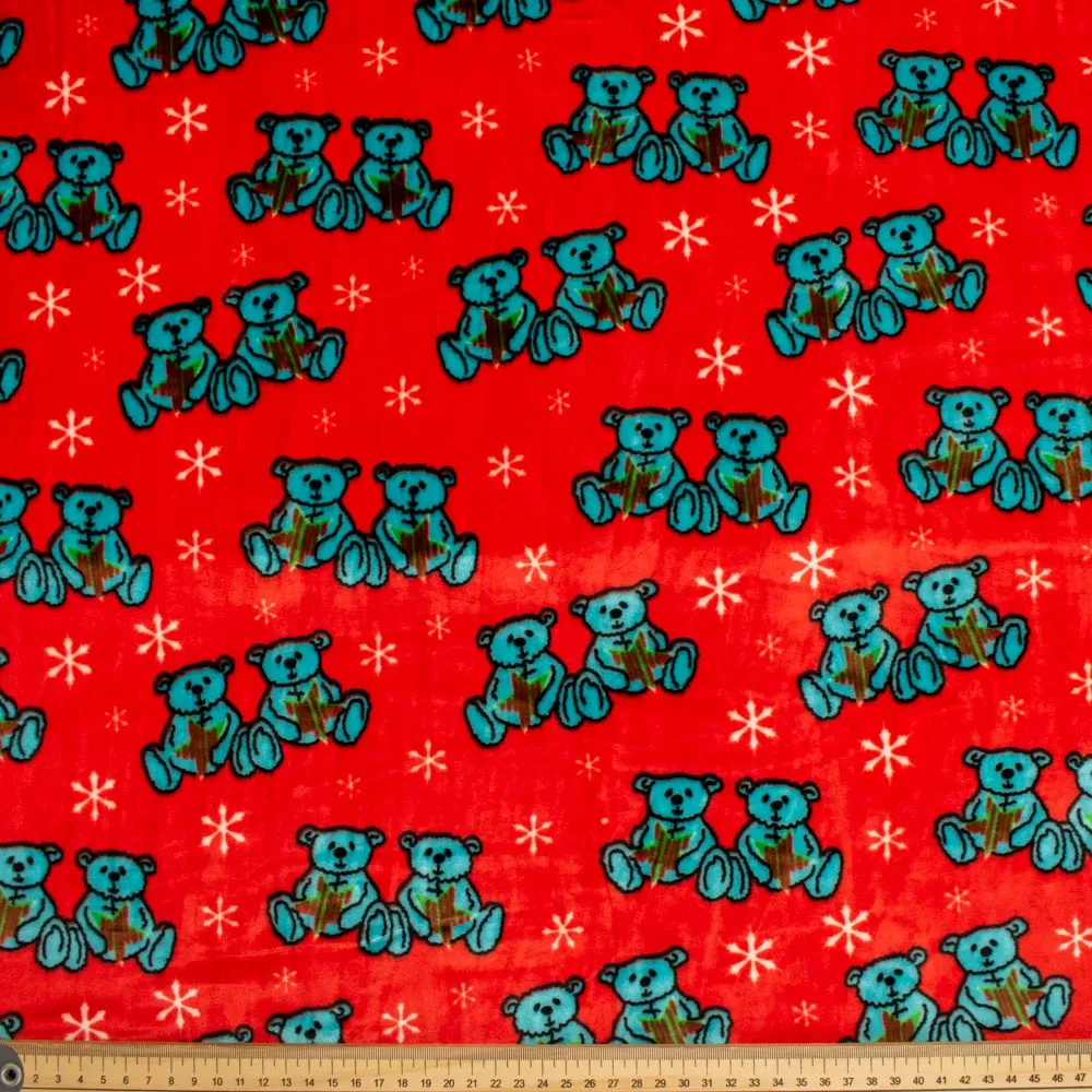 Printed Microfleece Ultra Wide 180cm Design-5 Christmas Blue Bear & Snow on Red