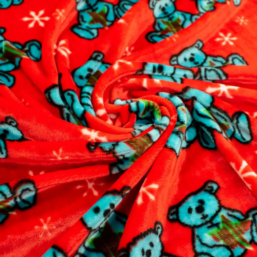 Printed Microfleece Ultra Wide 180cm Design-5 Christmas Blue Bear & Snow on Red