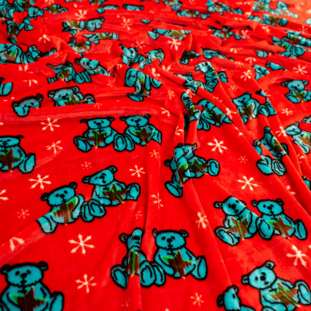 Printed Microfleece Ultra Wide 180cm Design-5 Christmas Blue Bear & Snow on Red