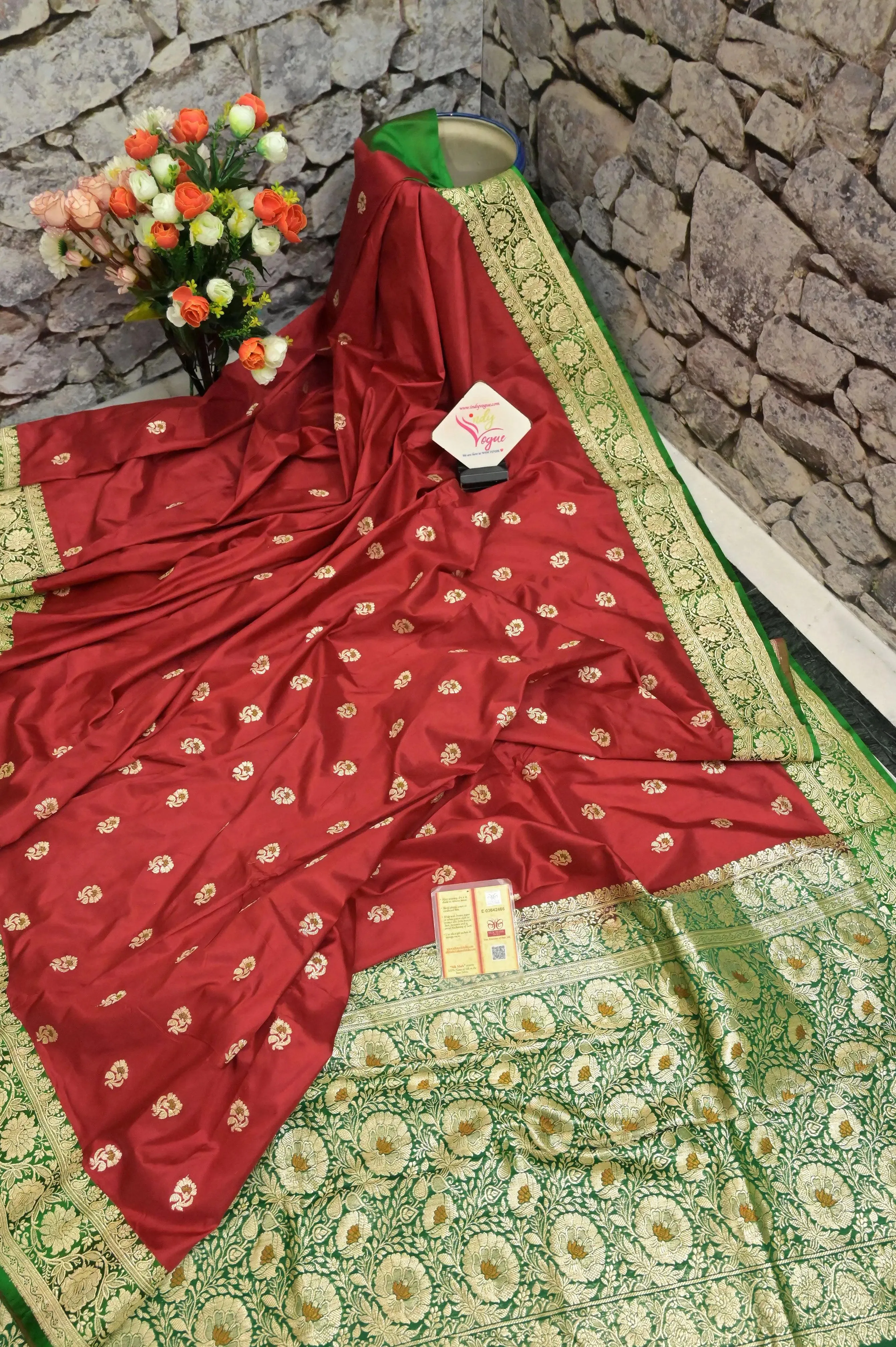 Red and Green Color Korial Katan Banarasi Saree with Meenakari Work