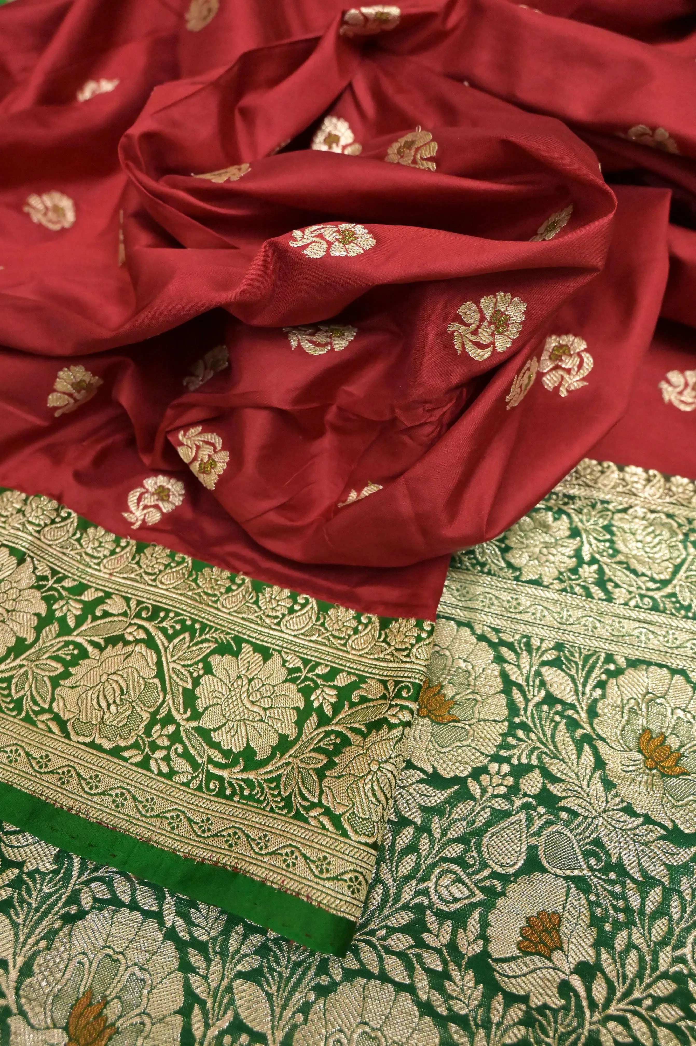 Red and Green Color Korial Katan Banarasi Saree with Meenakari Work