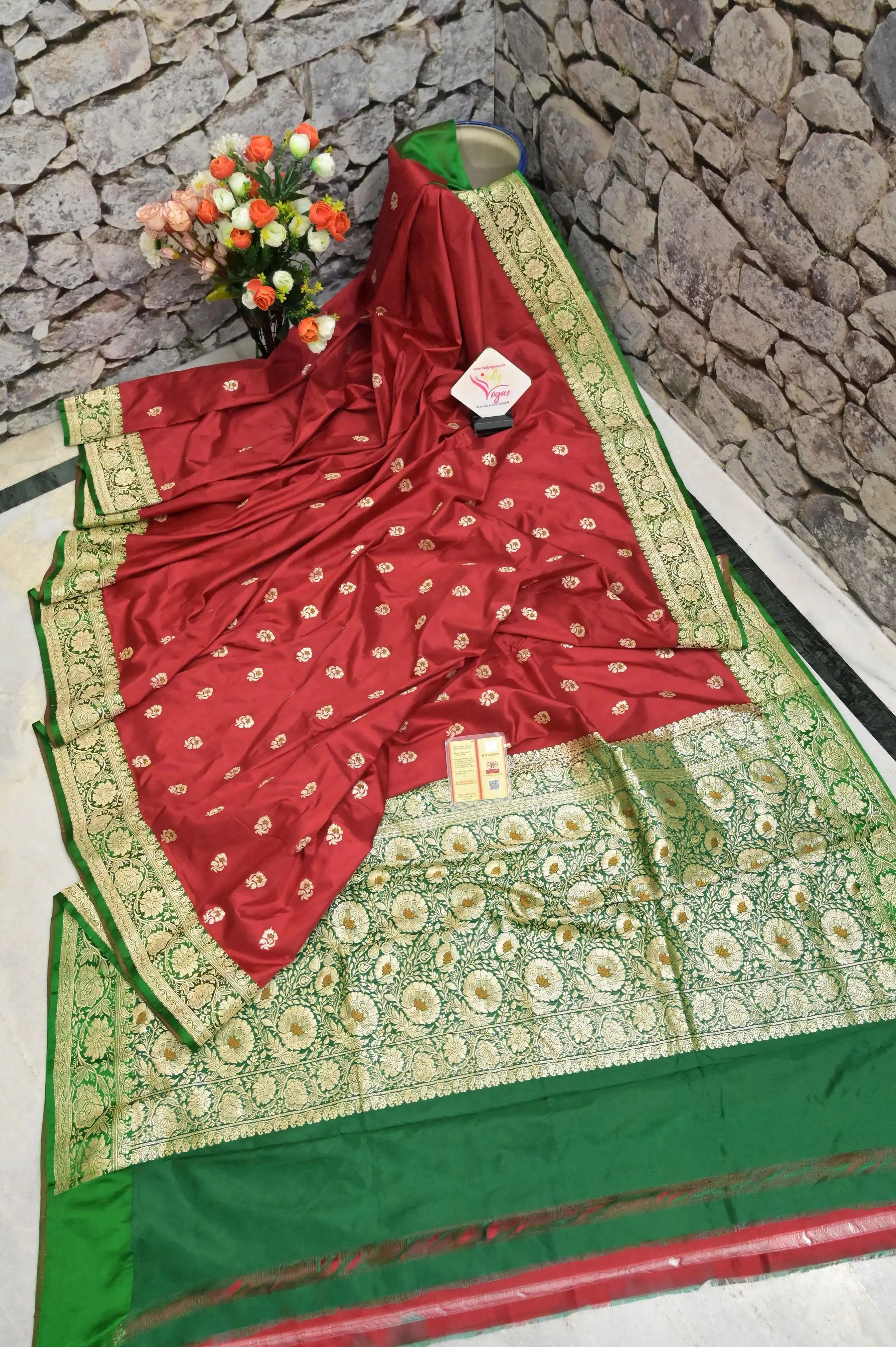 Red and Green Color Korial Katan Banarasi Saree with Meenakari Work