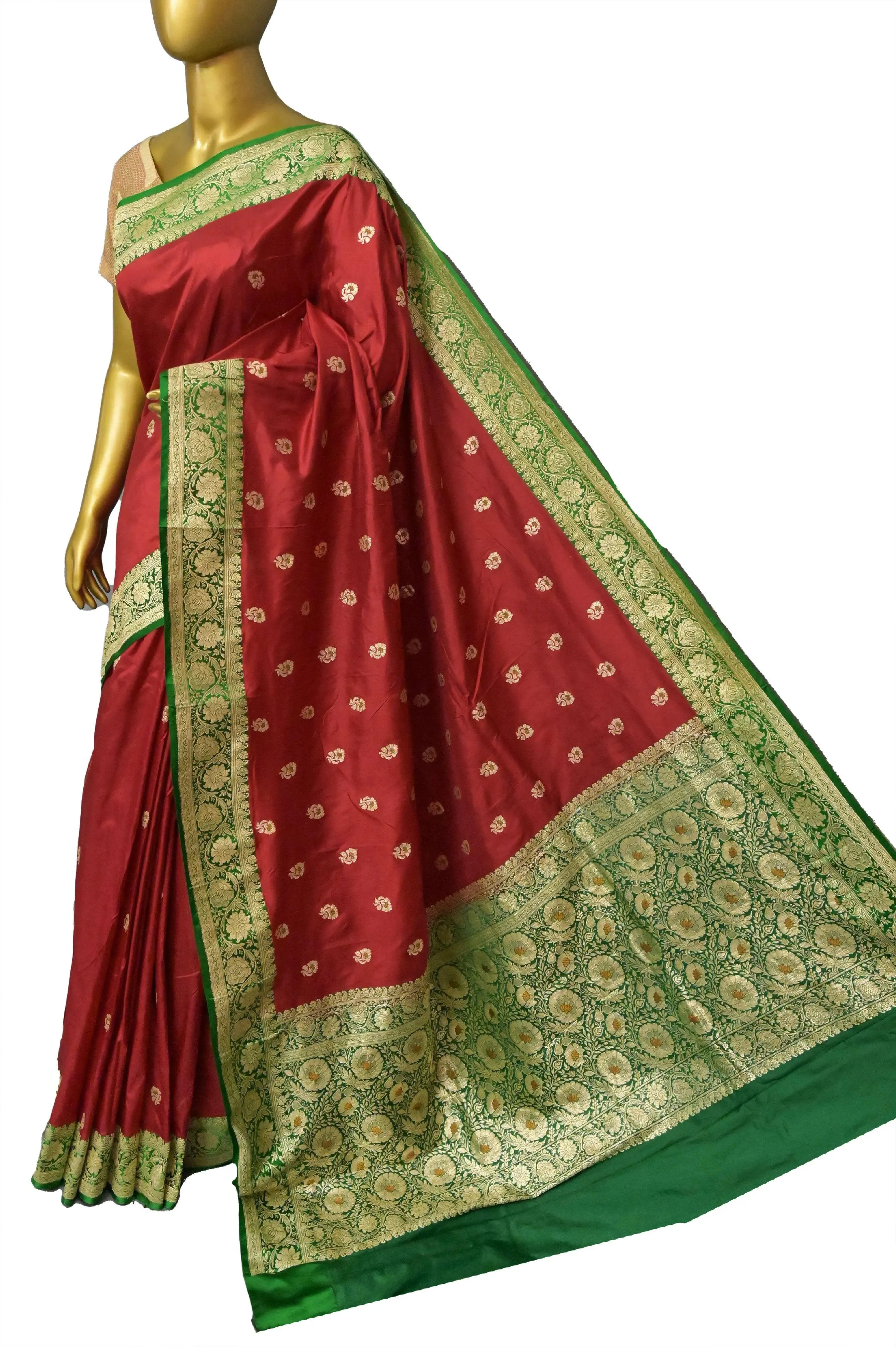 Red and Green Color Korial Katan Banarasi Saree with Meenakari Work