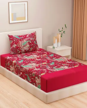 Red Floral Print Shades Of Paradise Pure Cotton Single Bedsheet With Pillow Cover | 90 x 60 inches