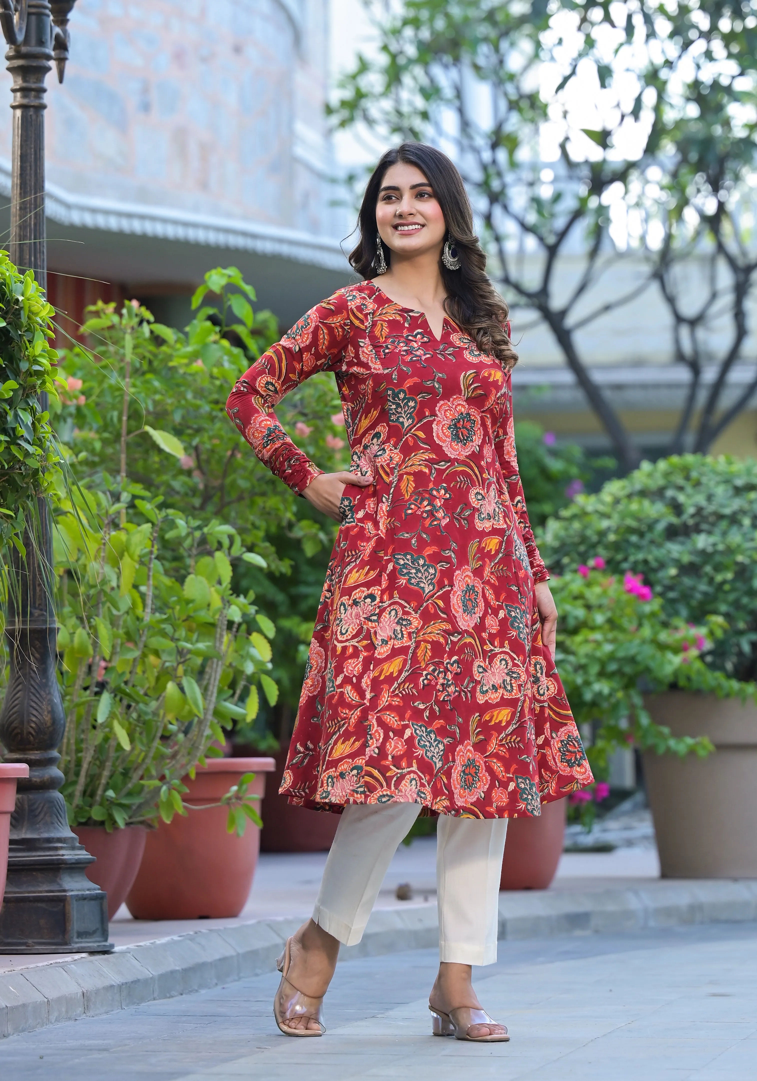 Shanza Floral Handblock Print Kalidar Kurta