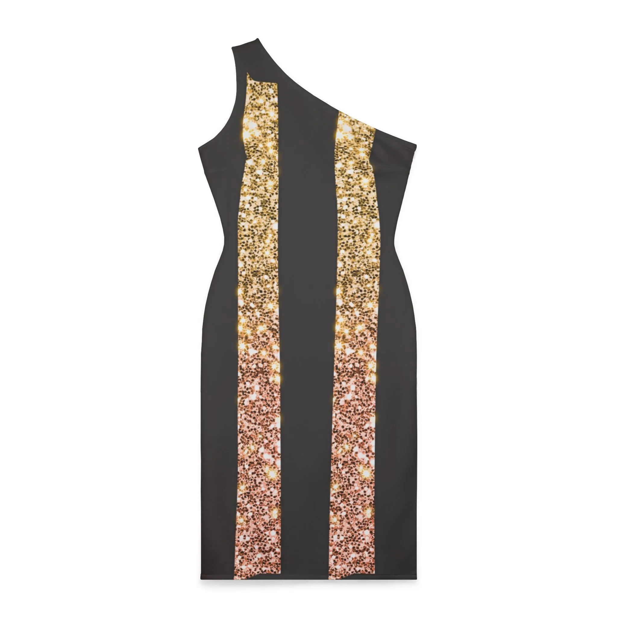 Shoulder Dress - Elegant and Sophisticated Black and Gold Striped Minimalistic Design