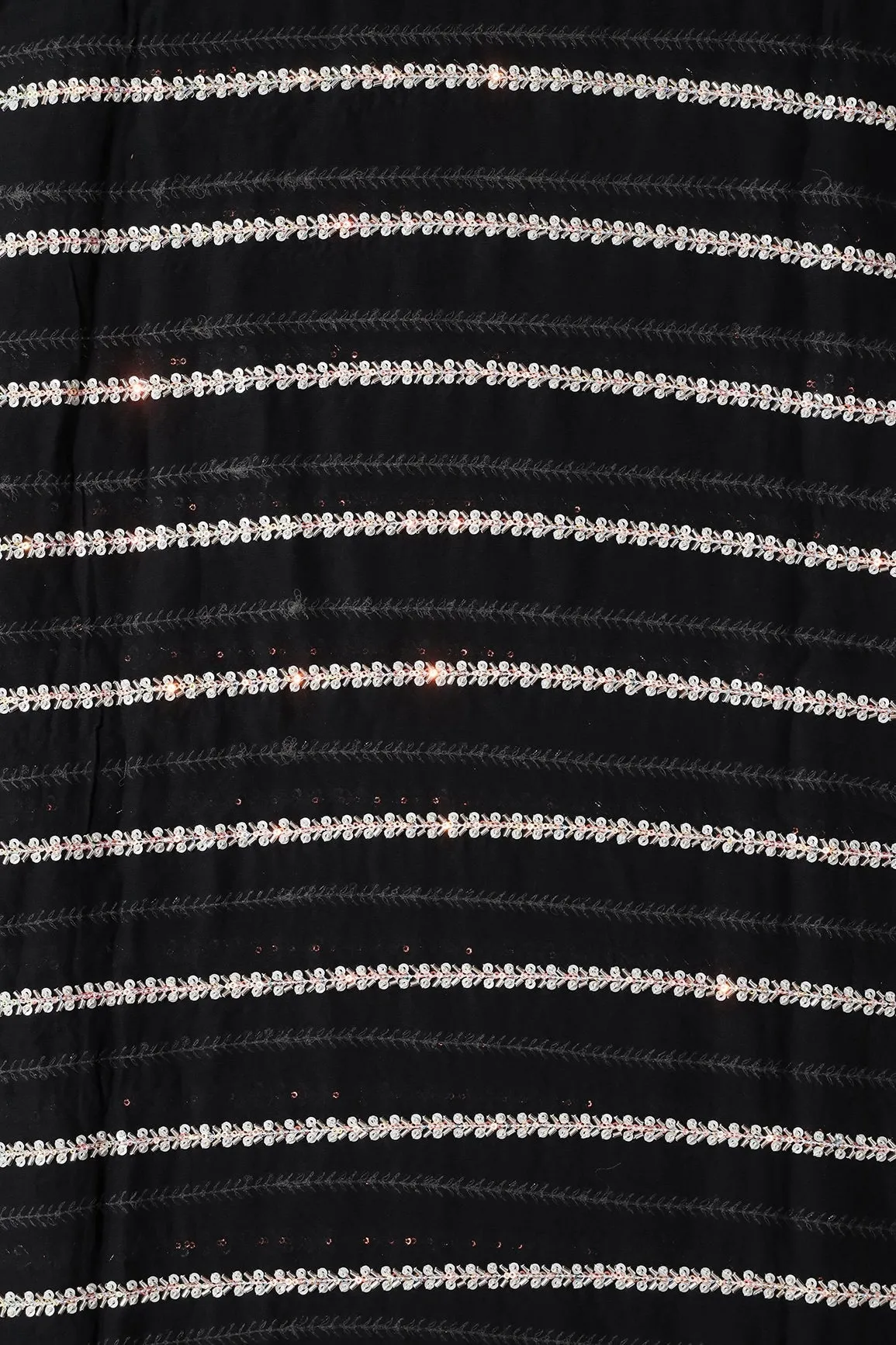 Silver Beads With Sequins Beautiful Stripes Handwork Embroidery On Black Viscose Georgette Fabric