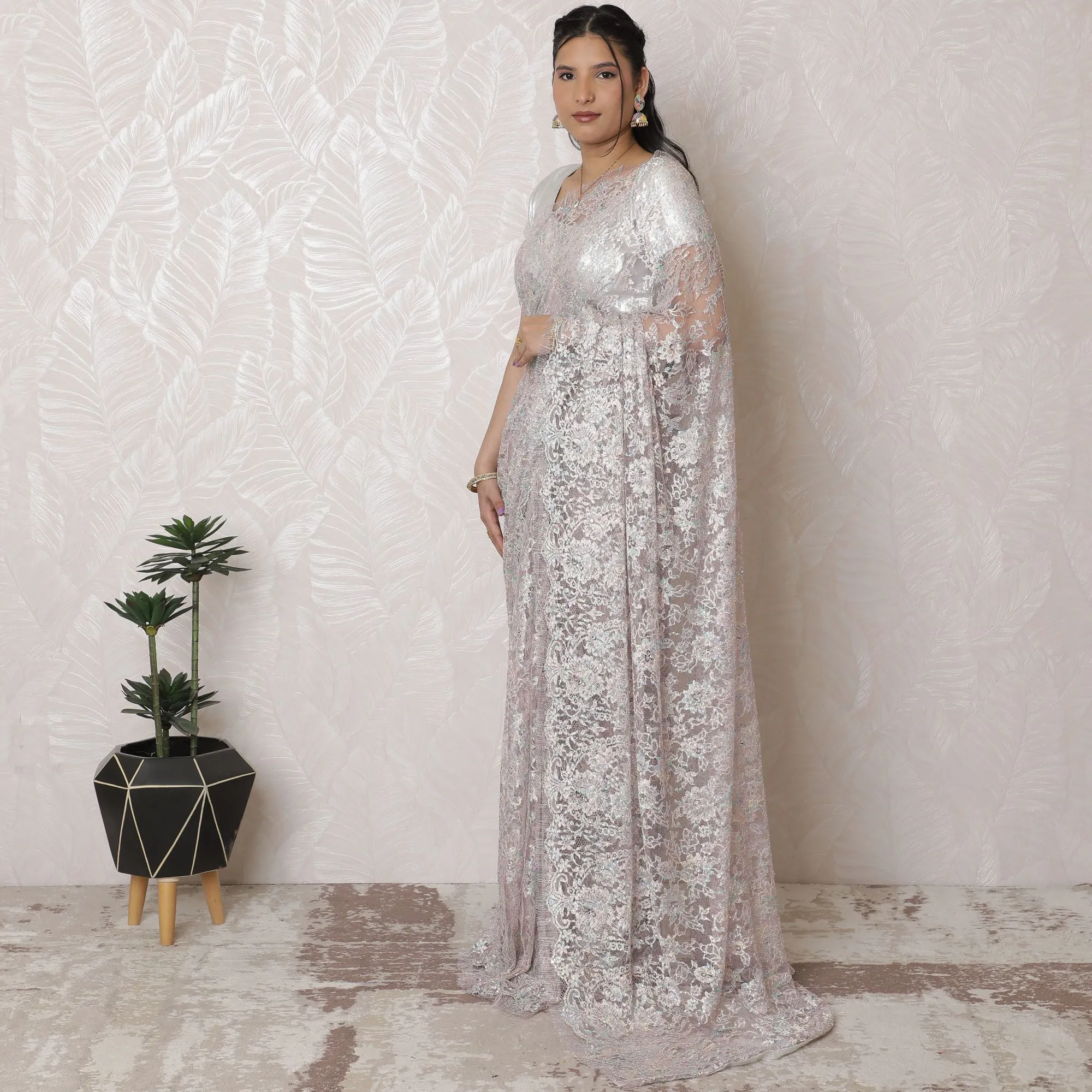 Silver-Toned, Light lavender French Metallic Chantilly Lace Saree, Delicate Stone Work, 110cm Width, 5.5m Length - Ethereal White (Blouse Not Included)-D17946